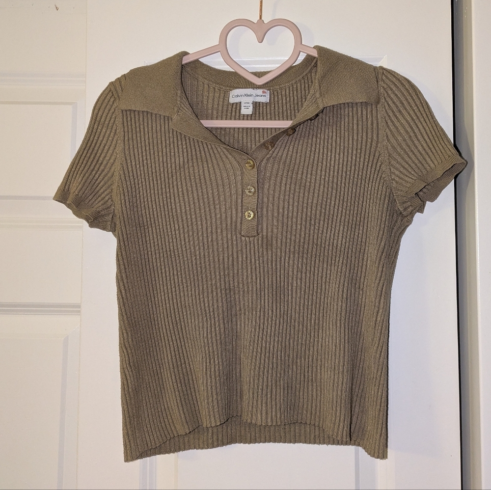 Calvin Klein Jeans Ribbed Knit Polo Top In Neutral Olive/ Brown Tone Size S